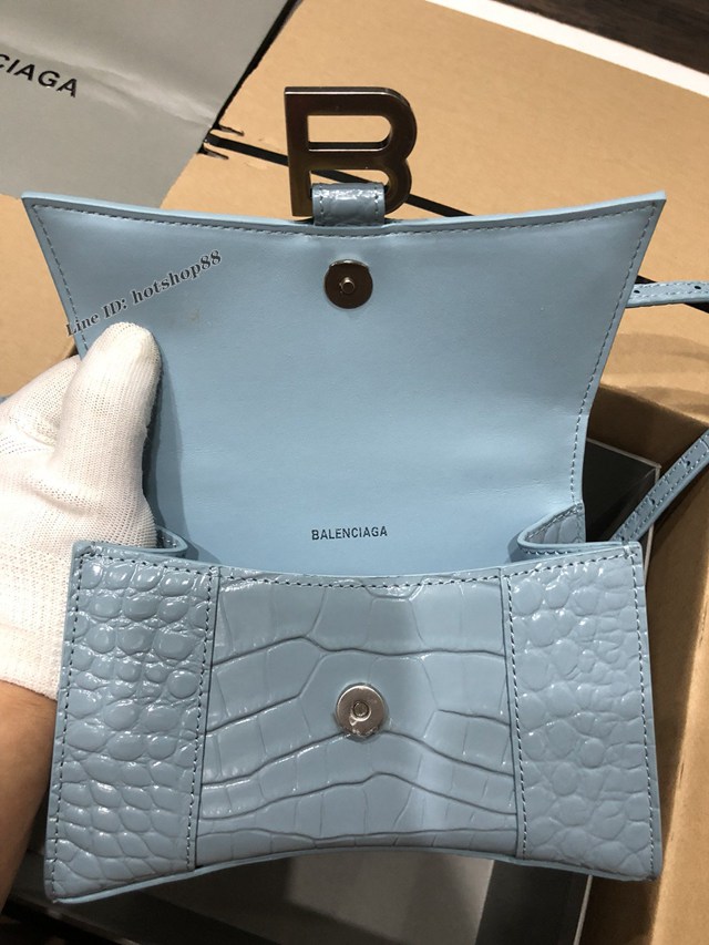 Balenciaga專櫃爆款小號手提女包 巴黎世家鱷魚淺藍色銀扣Hourglass沙漏包 fyj1655